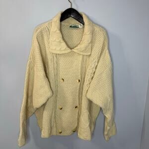 Aran Crafts Wool Cable Knit Chinky Sweater Cardigan Double Breasted Ireland  XL